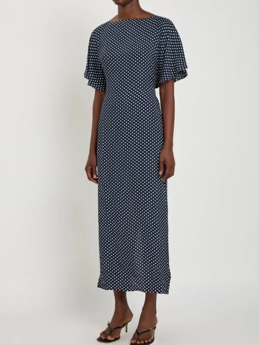 Reformation Maeva Tie Flutter Sleeve Maxi Dress Polka Dot Navy